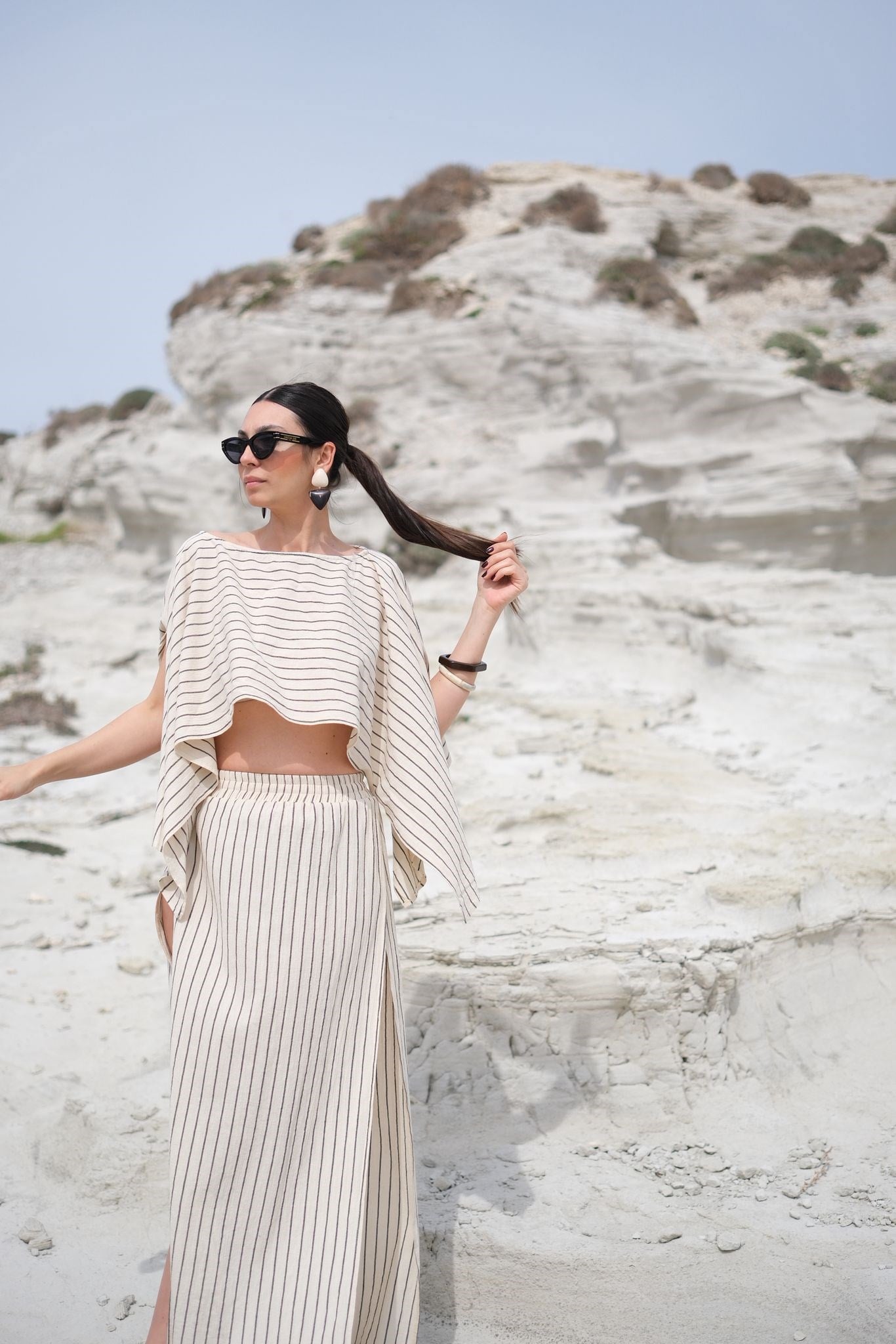 ZYRE ÇİZGİLİ ÇİFT YIRTMAÇLI  ETEK