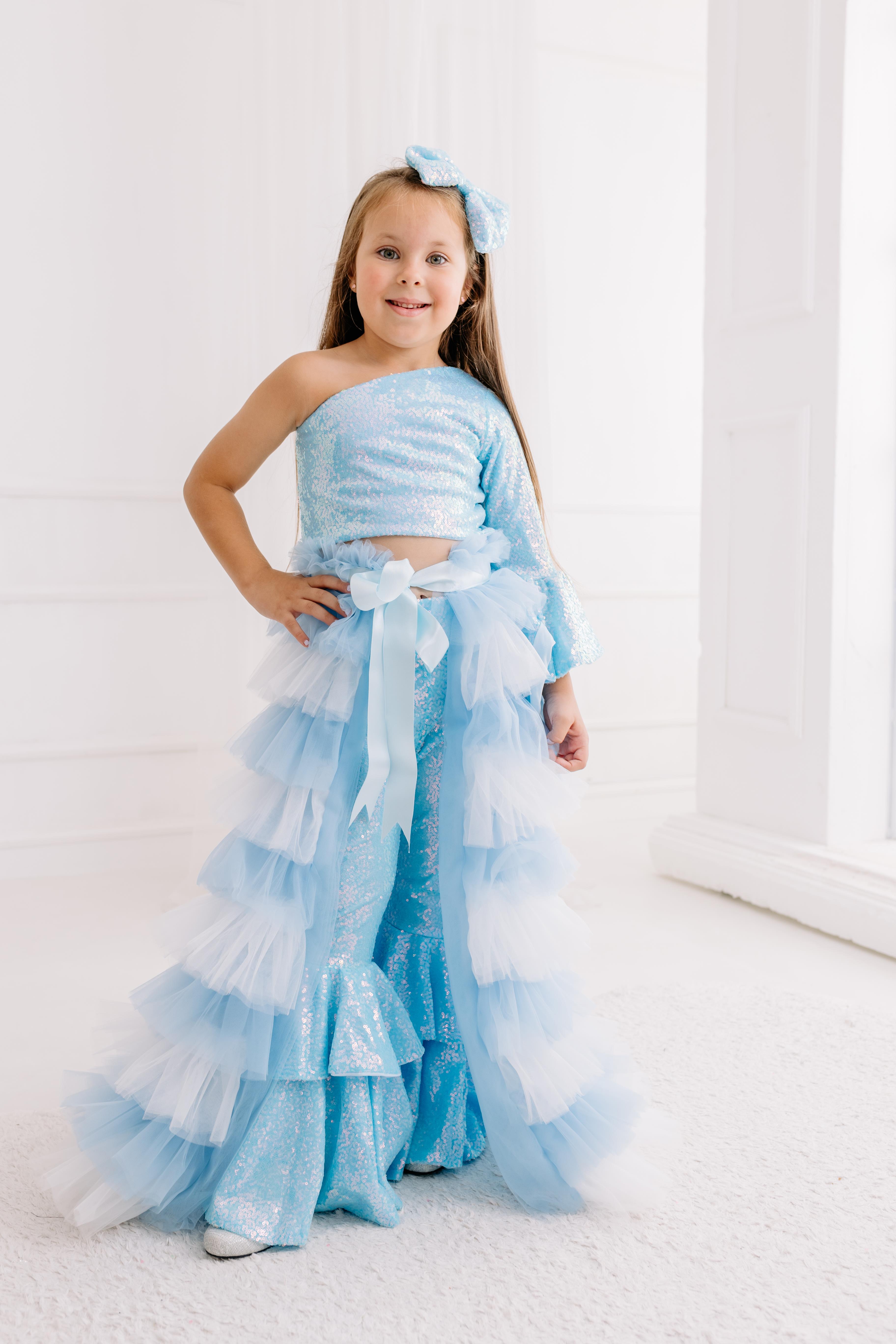 BLUE ONE SHOULDER CROP AND FRILL TROUSERS OUTFIT (TAM SET)