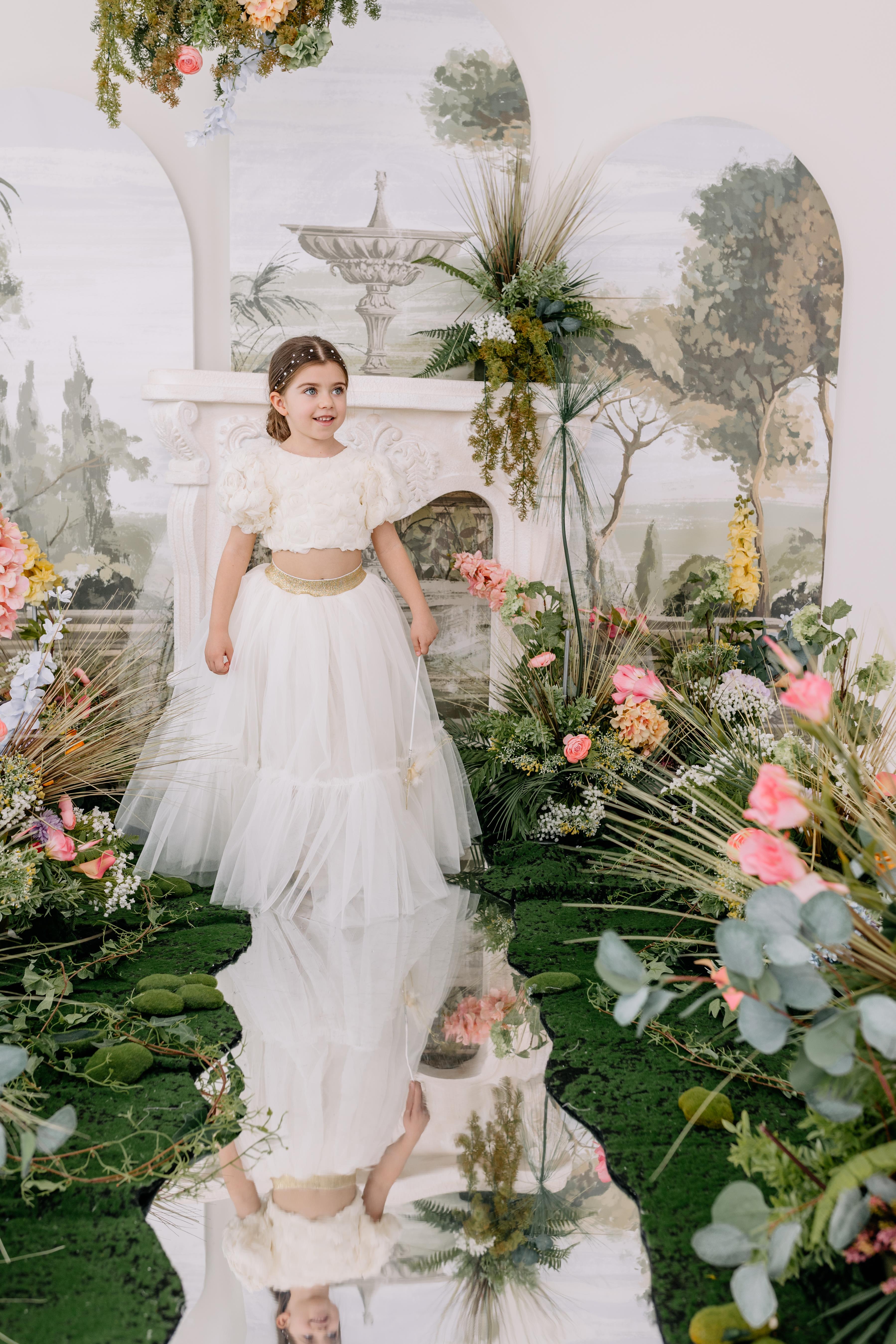 CREAM ROSE CROP TOP& TULLE SKIRT