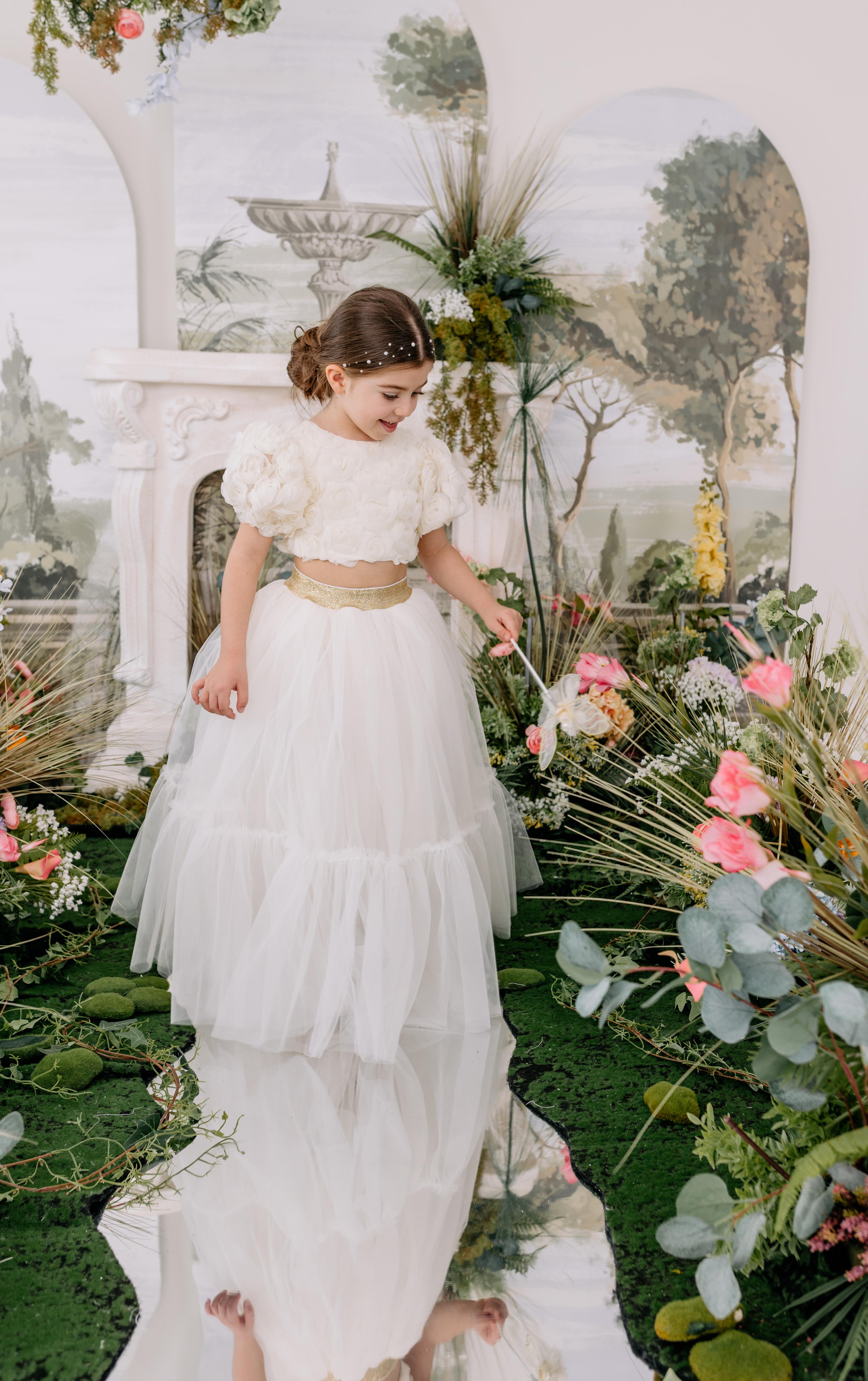 CREAM ROSE CROP TOP& TULLE SKIRT