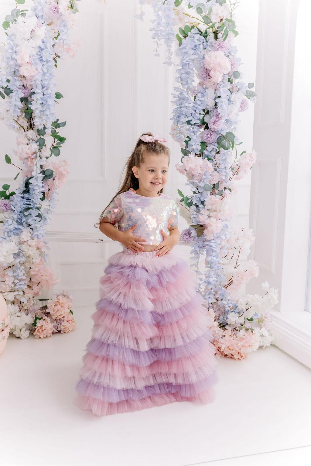 LAVENDER LONG TUTU SKIRT&PINK OVERSIZE CROP