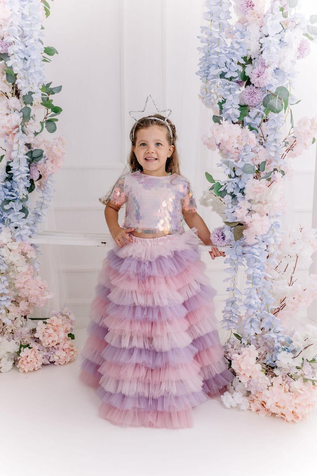 LAVENDER LONG TUTU SKIRT&PINK OVERSIZE CROP