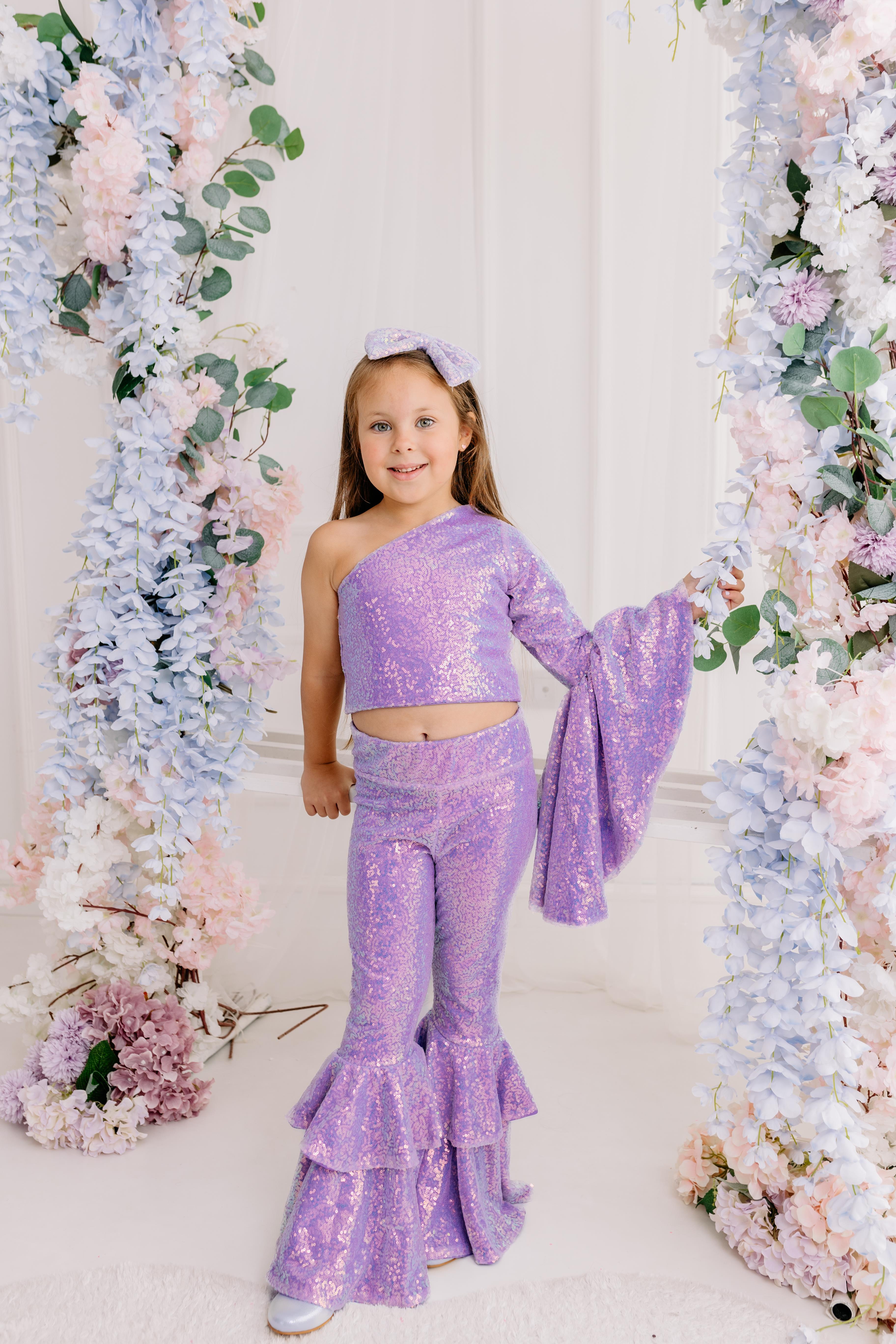 LILAC ONE SHOULDER CROP AND FRILL TROUSERS