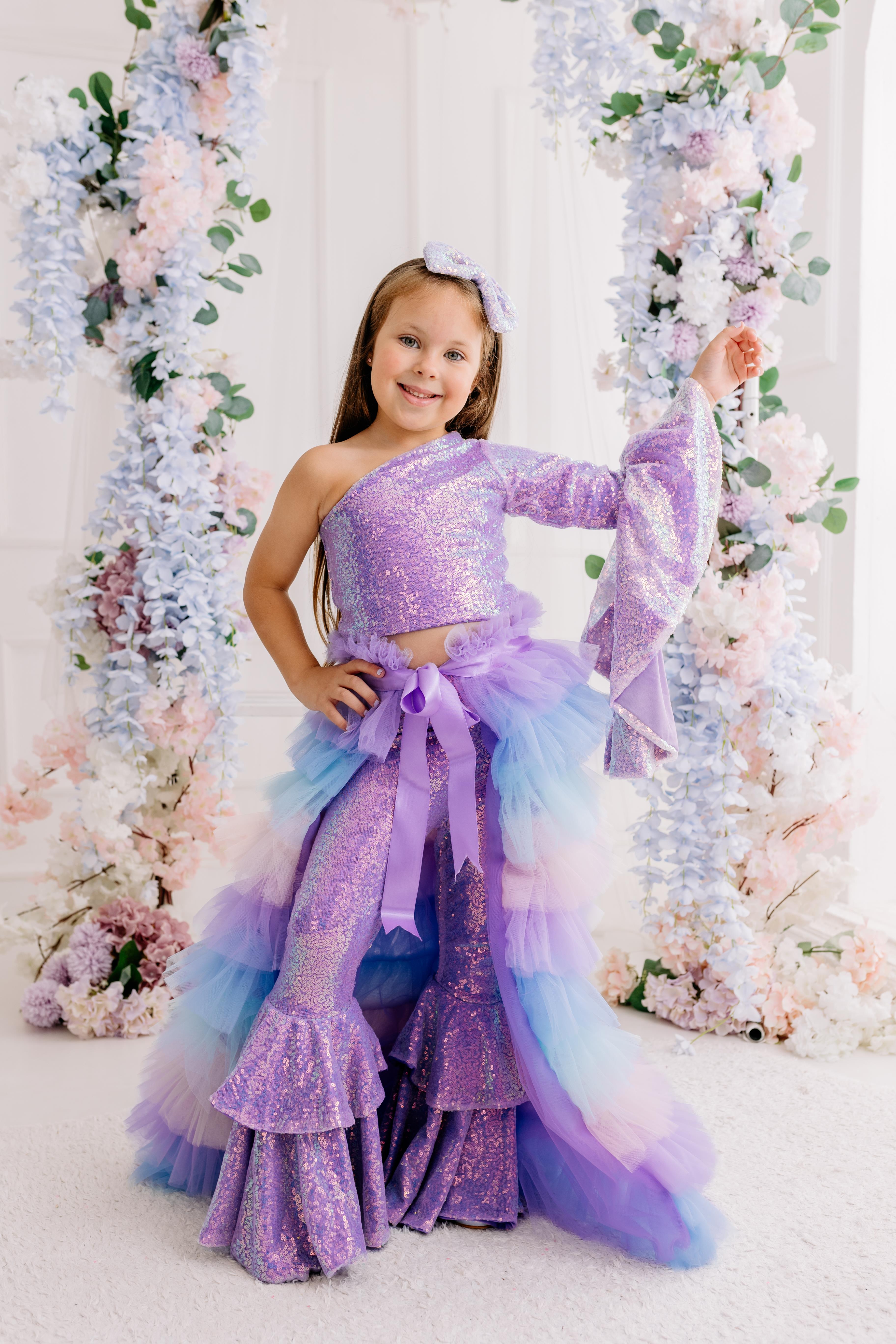 LILAC ONE SHOULDER CROP AND FRILL TROUSERS OUTFIT (TAM SET)