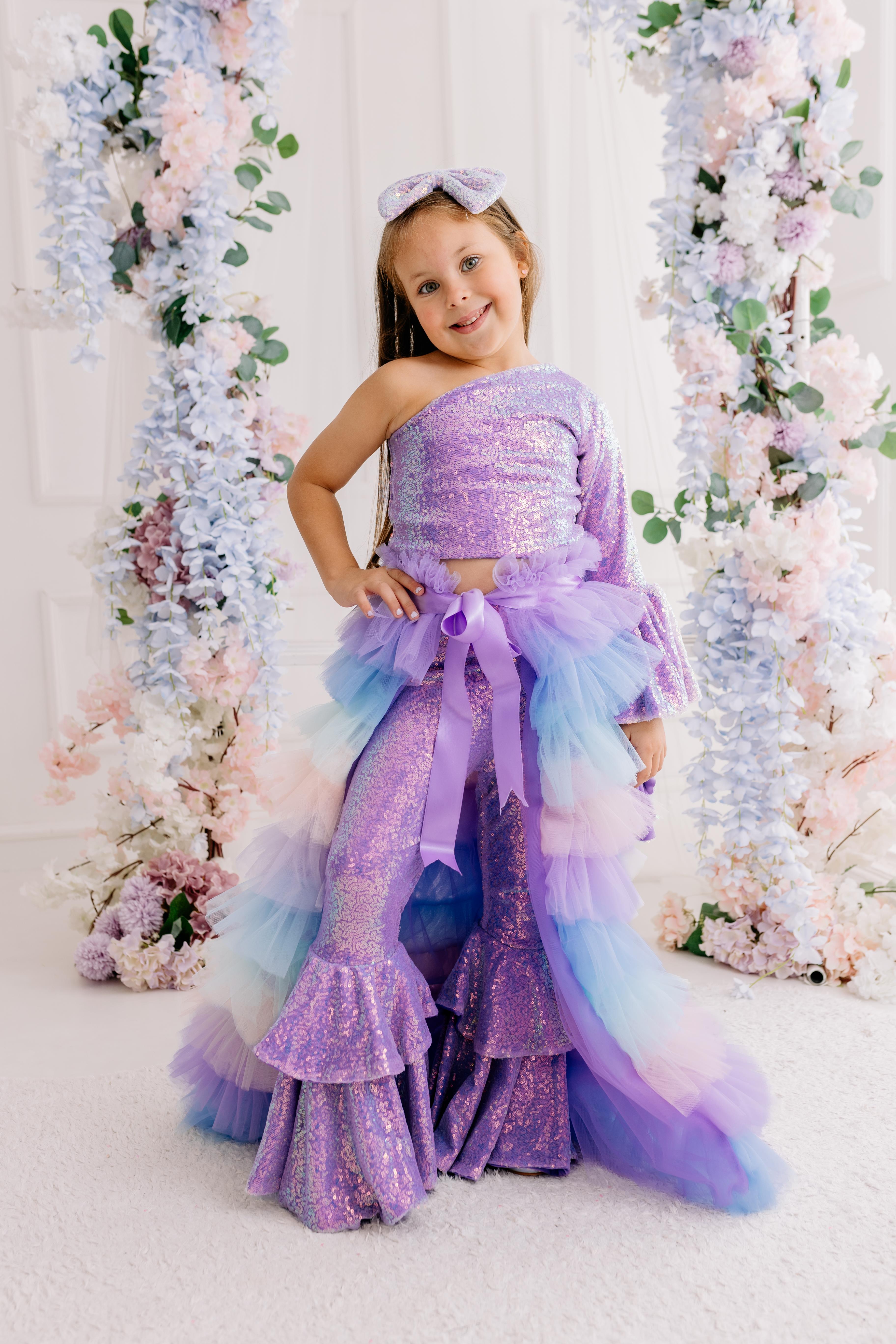 LILAC ONE SHOULDER CROP AND FRILL TROUSERS OUTFIT (TAM SET)