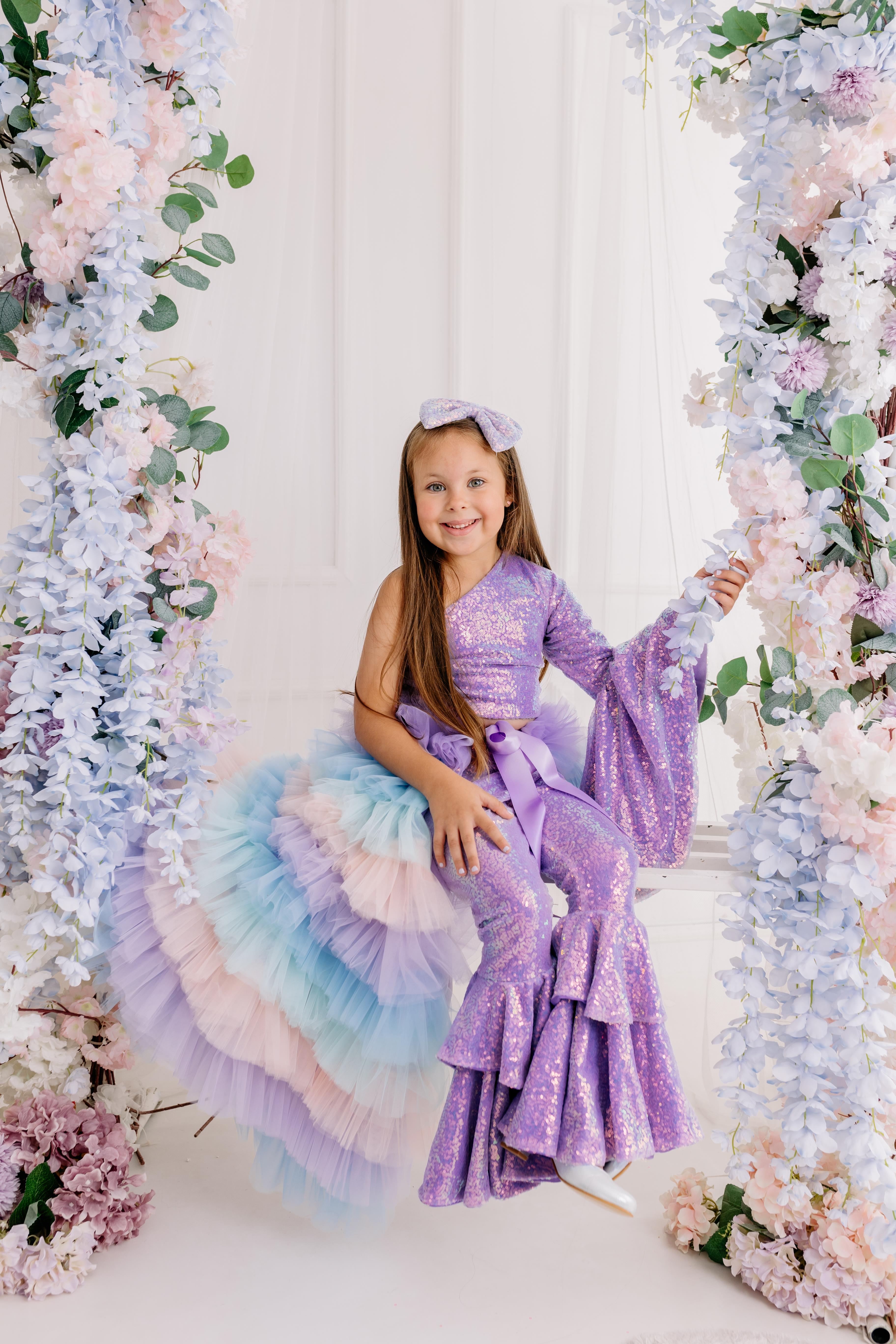 LILAC ONE SHOULDER CROP AND FRILL TROUSERS OUTFIT (TAM SET)