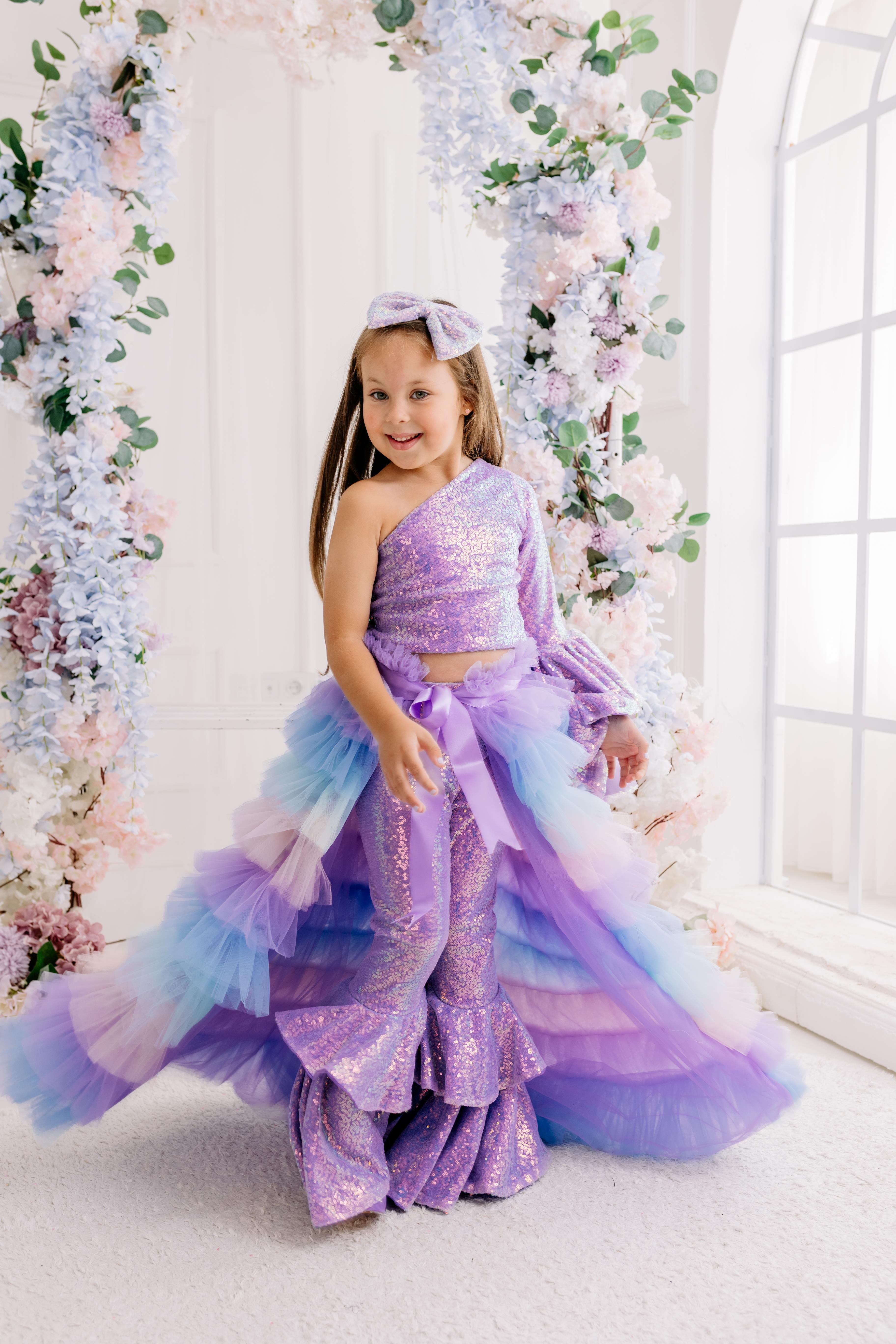 LILAC ONE SHOULDER CROP AND FRILL TROUSERS OUTFIT (TAM SET)