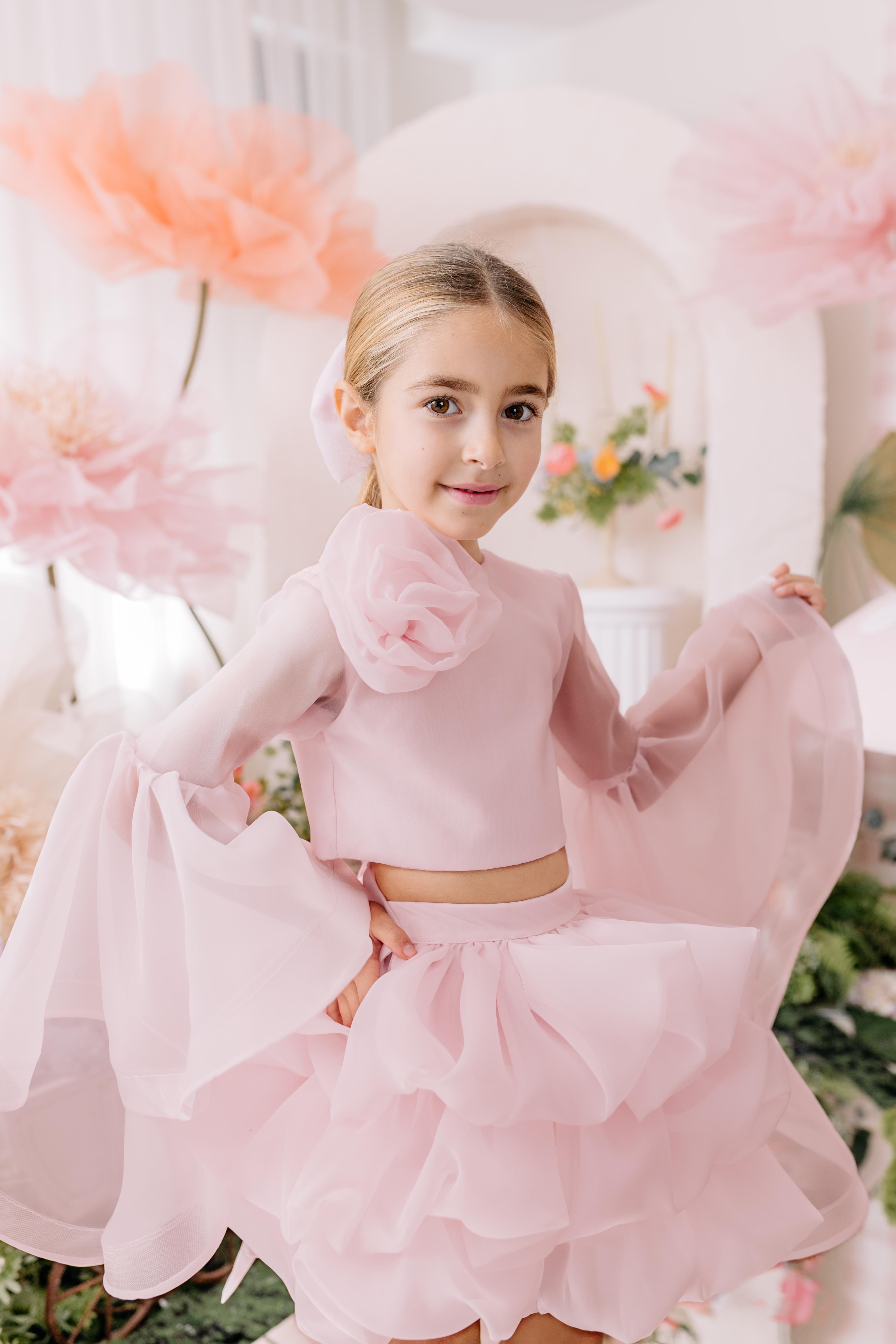 PINK HANGING SLEEVE CROP AND SKIRT