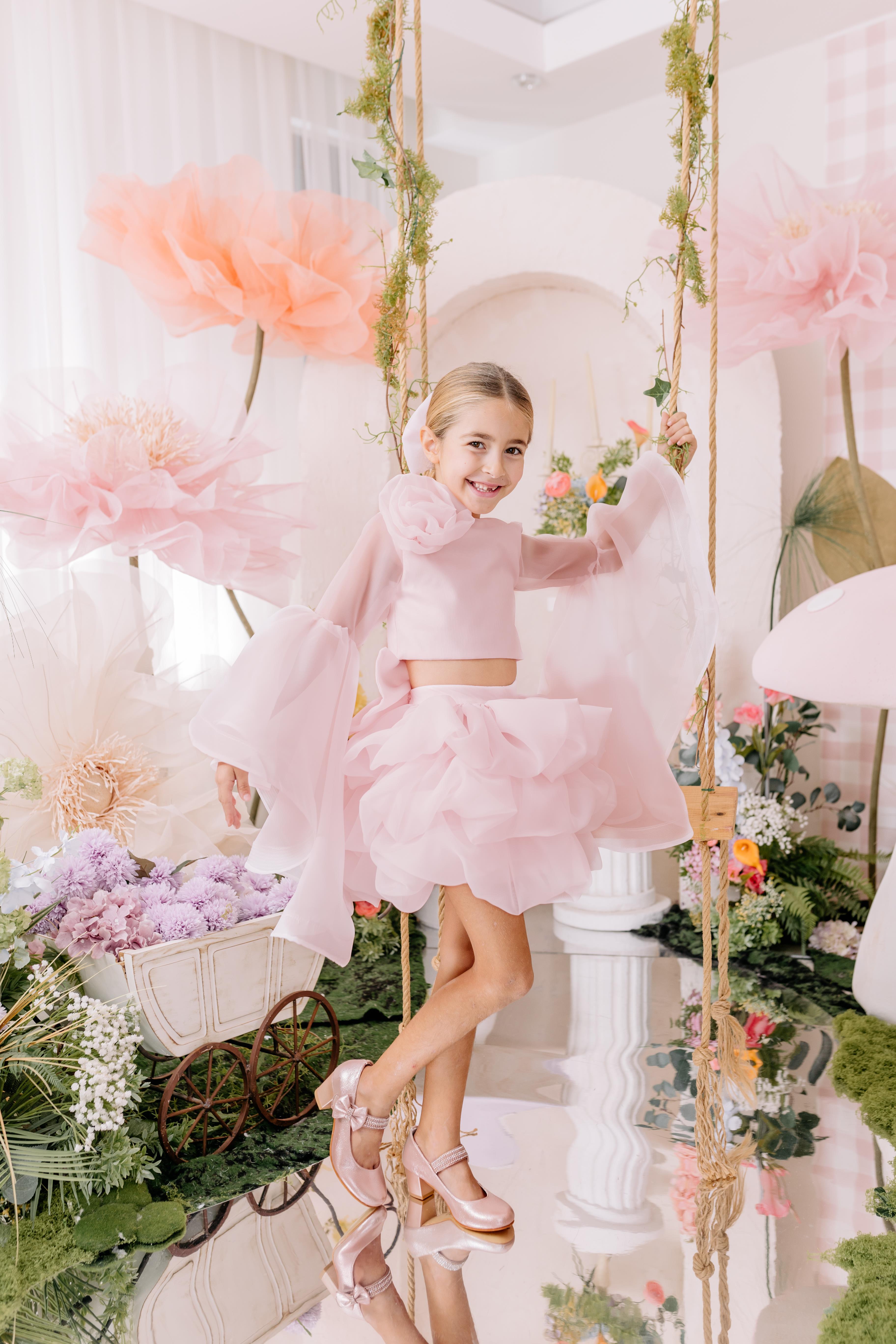PINK HANGING SLEEVE CROP AND SKIRT