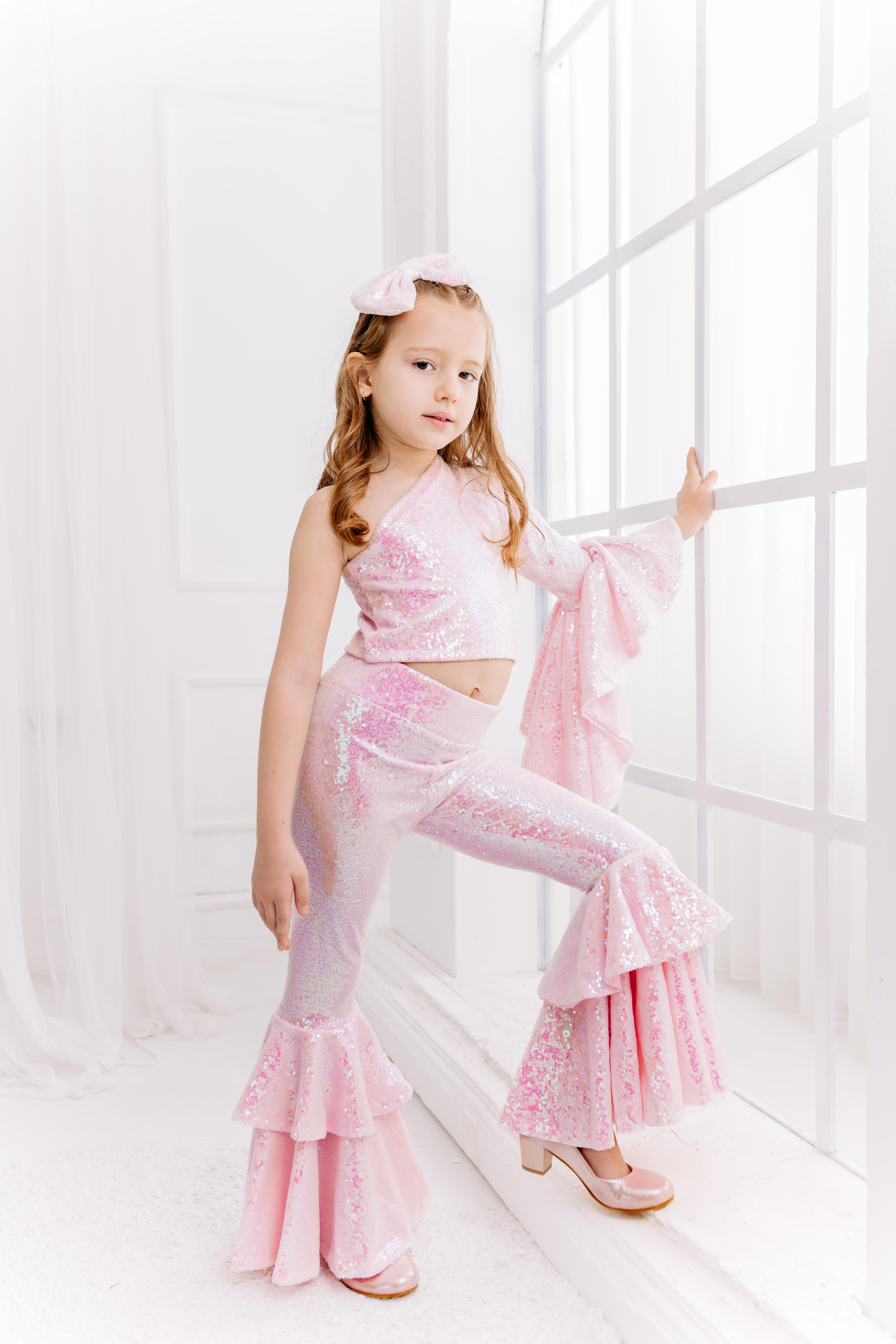 PINK ONE SHOULDER CROP& FRILL TROUSERS
