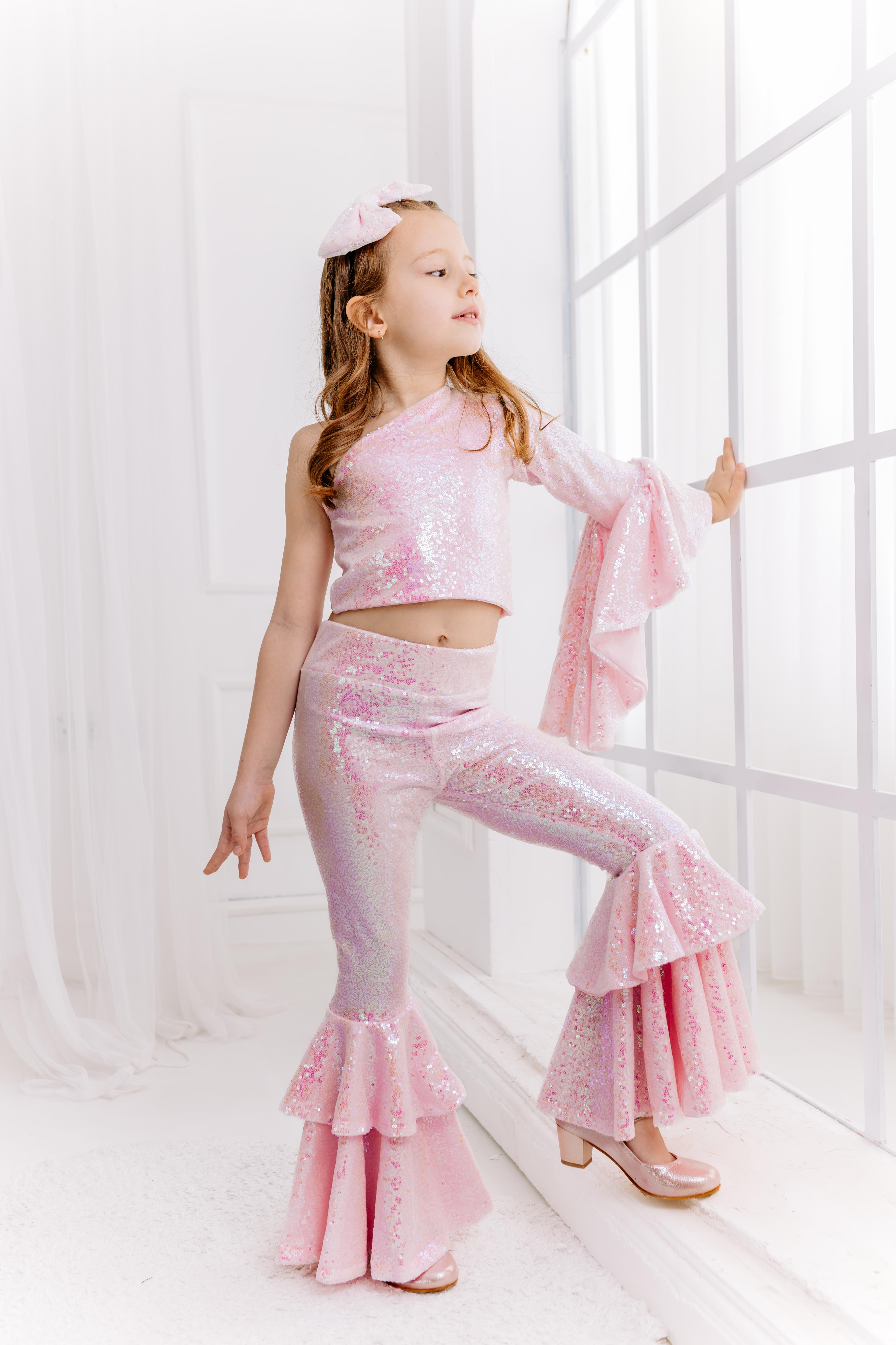 PINK ONE SHOULDER CROP& FRILL TROUSERS