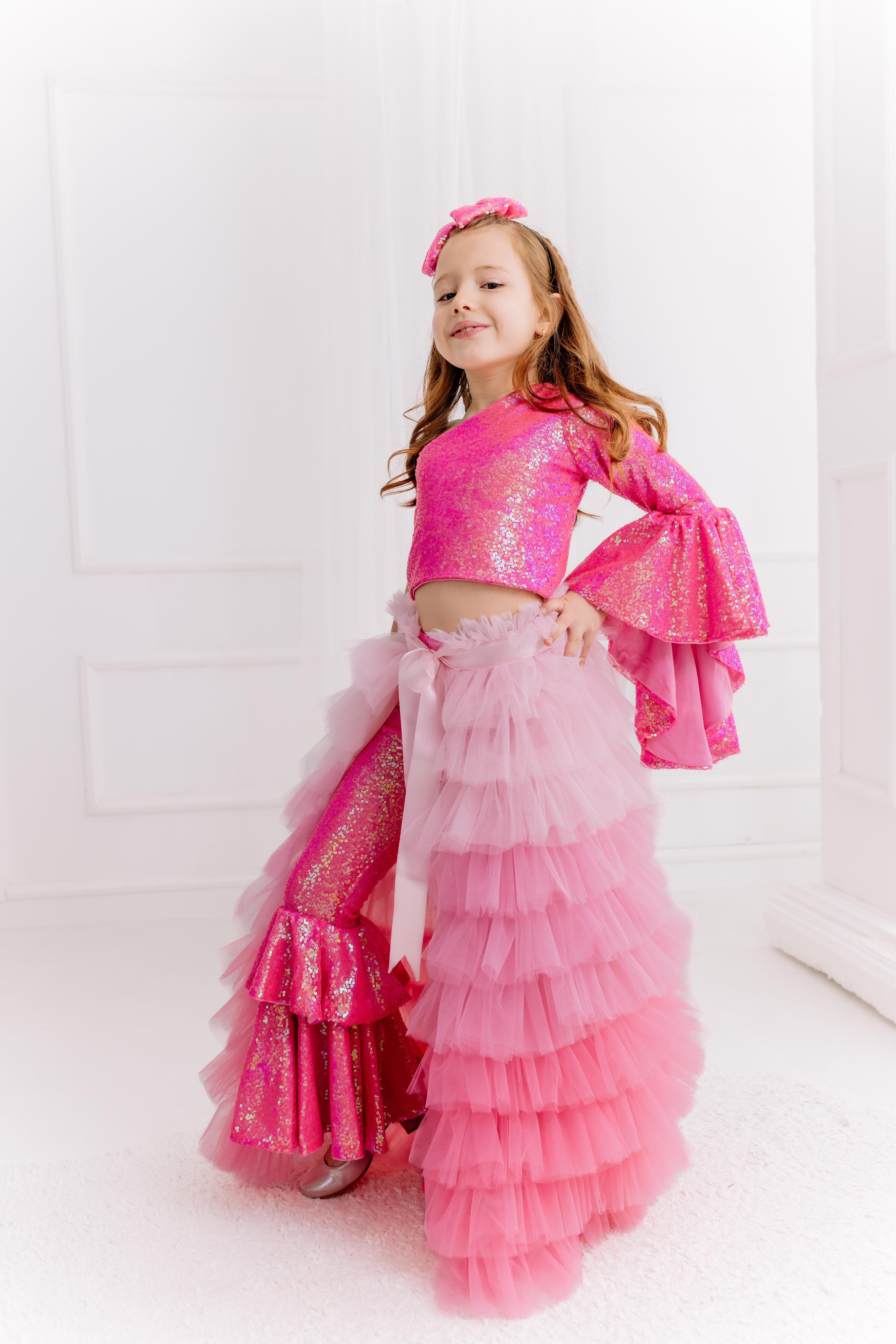 SUGAR PINK ONE SHOULDER CROP AND FRILL TROUSERS OUTFIT (TAM SET)