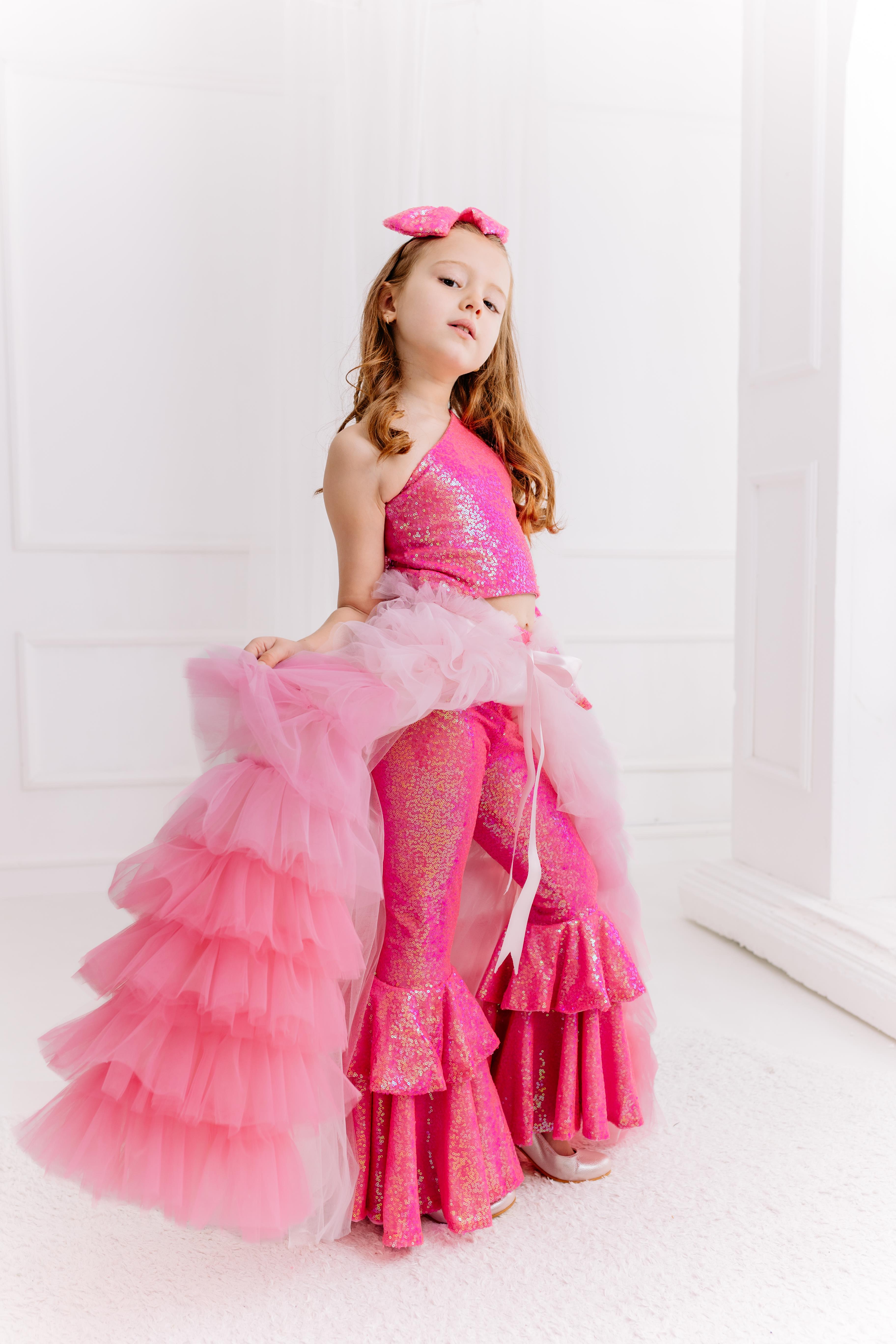 SUGAR PINK ONE SHOULDER CROP AND FRILL TROUSERS OUTFIT (TAM SET)