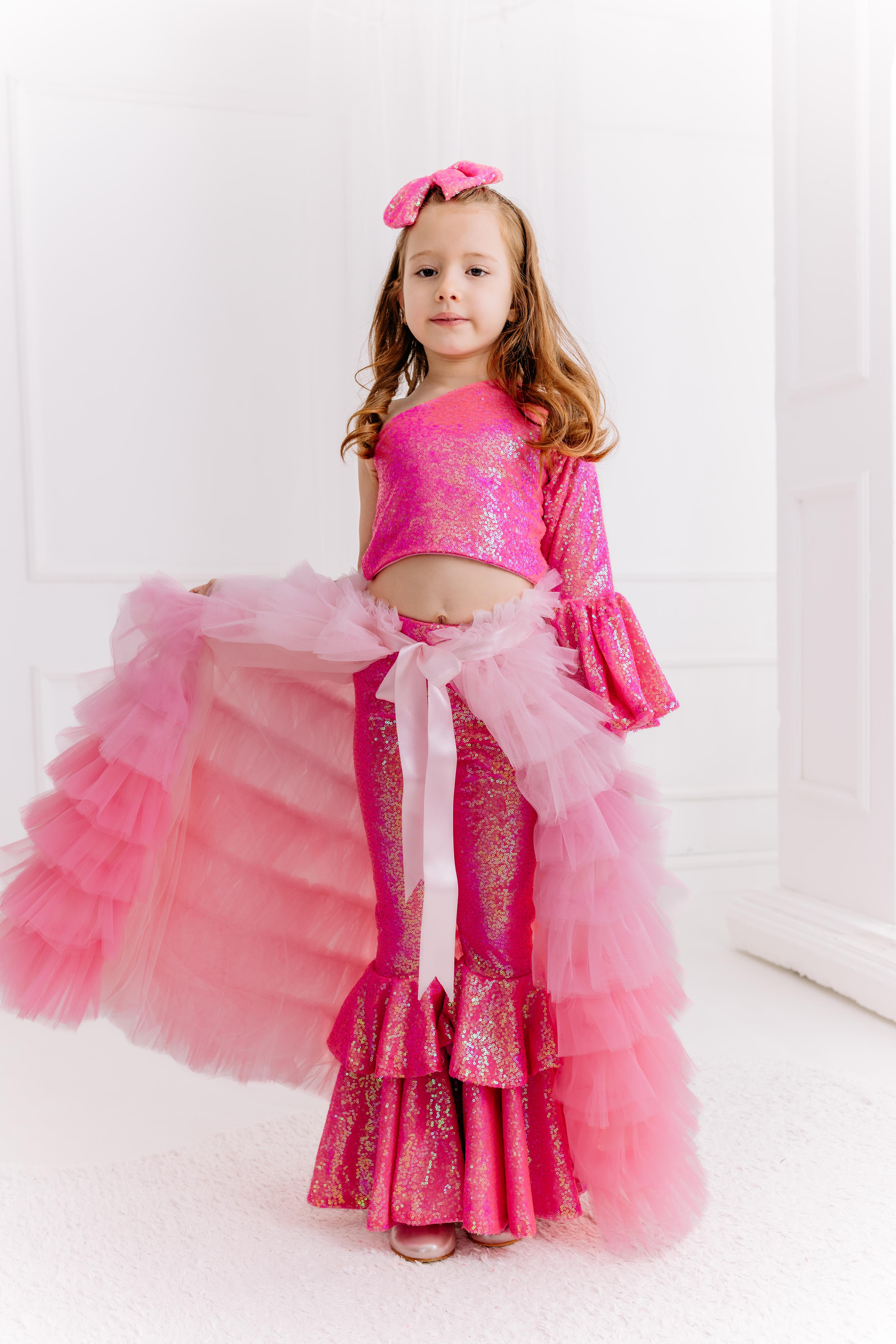 SUGAR PINK ONE SHOULDER CROP AND FRILL TROUSERS OUTFIT (TAM SET)
