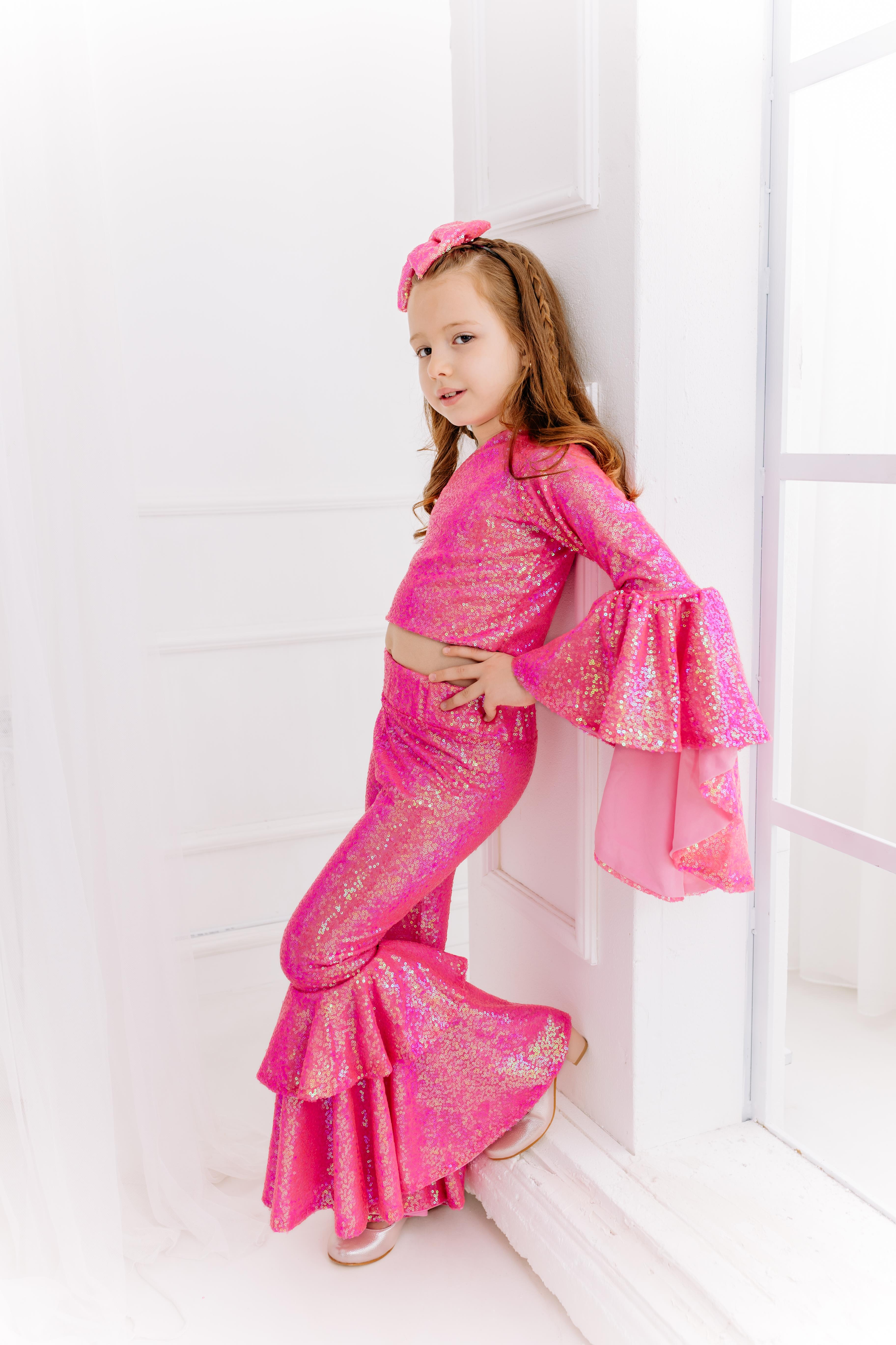 SUGAR PINK ONE SHOULDER CROP&FRILL TROUSERS