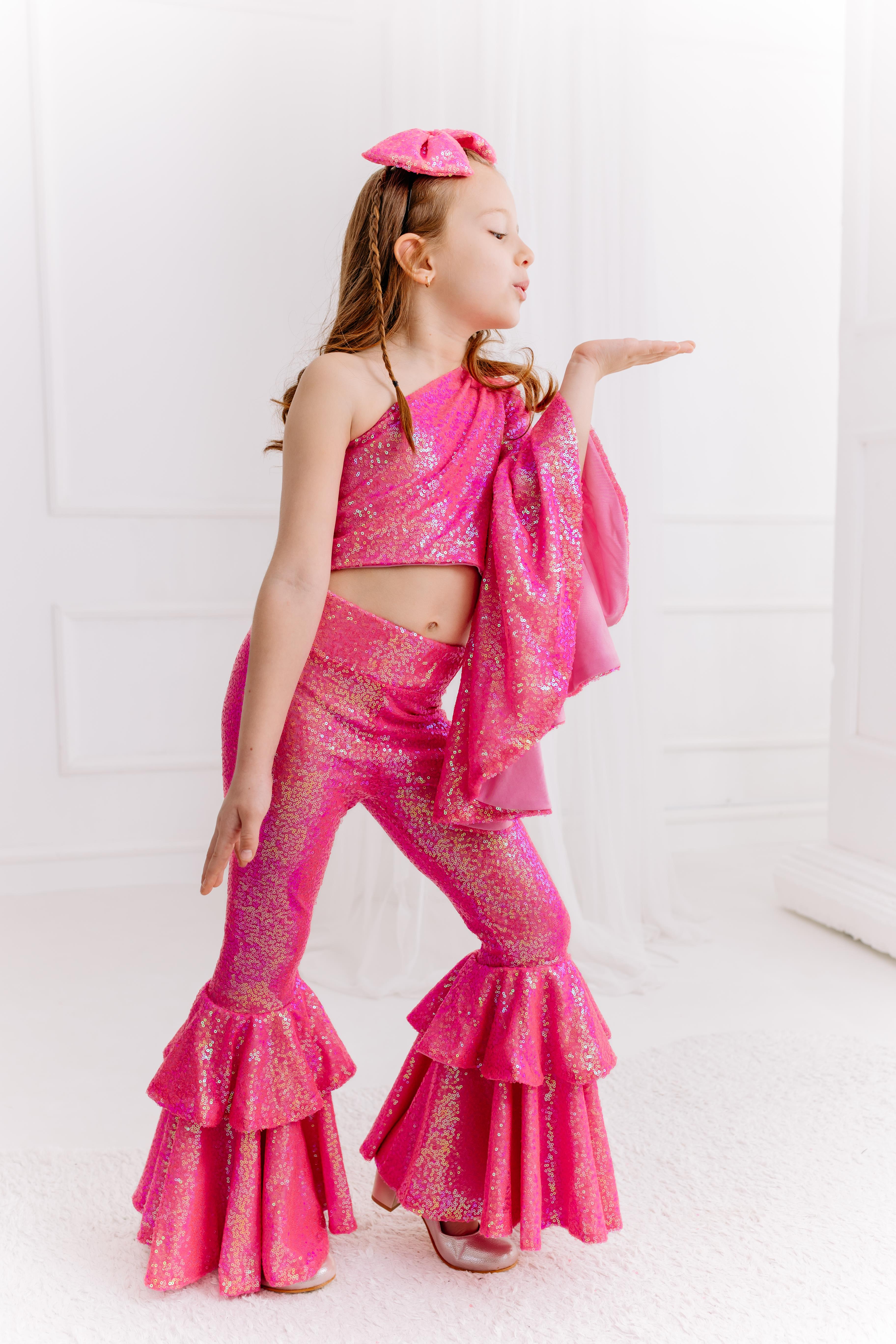 SUGAR PINK ONE SHOULDER CROP&FRILL TROUSERS