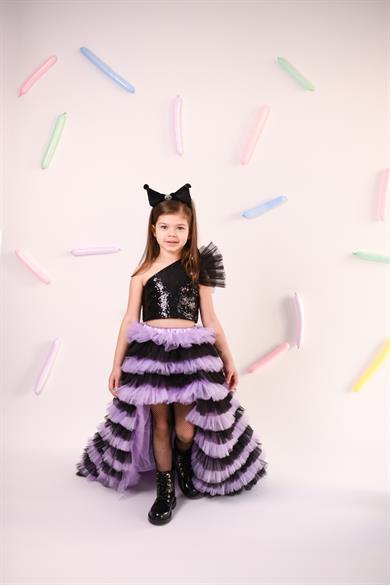 BLACK AND LILAC SKIRT AND BLACK ONE SHOULDER CROP (ETEK-CROP)