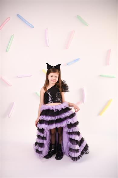 BLACK AND LILAC SKIRT AND BLACK ONE SHOULDER CROP (ETEK-CROP)