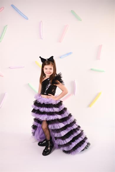 BLACK AND LILAC SKIRT AND BLACK ONE SHOULDER CROP (ETEK-CROP)