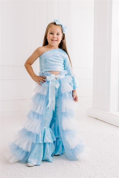 BLUE ONE SHOULDER CROP AND FRILL TROUSERS OUTFIT (TAM SET)