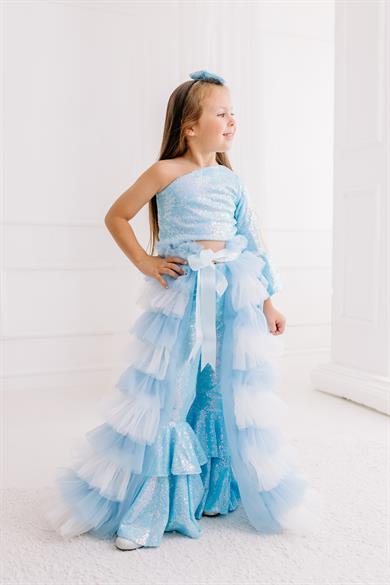 BLUE ONE SHOULDER CROP AND FRILL TROUSERS OUTFIT (TAM SET)