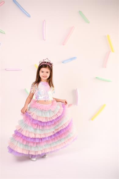 COLORFUL LONG SKIRT&PINK OVERSIZE CROP