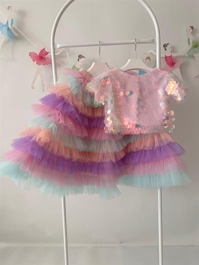 COLORFUL LONG SKIRT&PINK OVERSIZE CROP