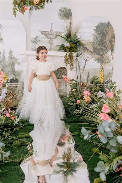 CREAM ROSE CROP TOP& TULLE SKIRT
