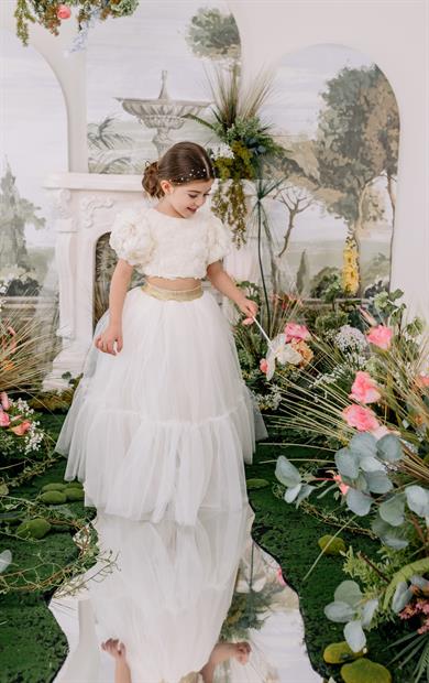 CREAM ROSE CROP TOP& TULLE SKIRT