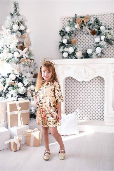 GOLD SQUAMA WITH BOW DRESS