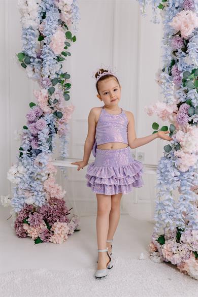 LILAC RIBBON CROP AND FRILL MINI SKIRT