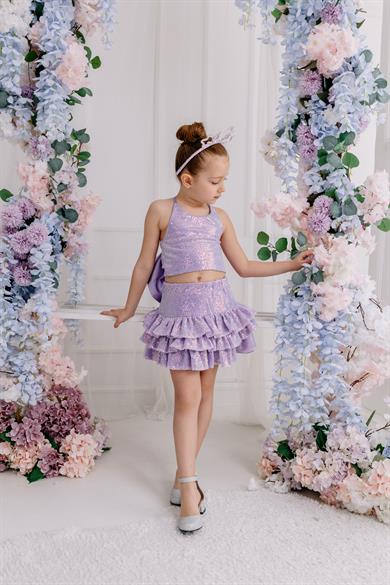 LILAC RIBBON CROP AND FRILL MINI SKIRT