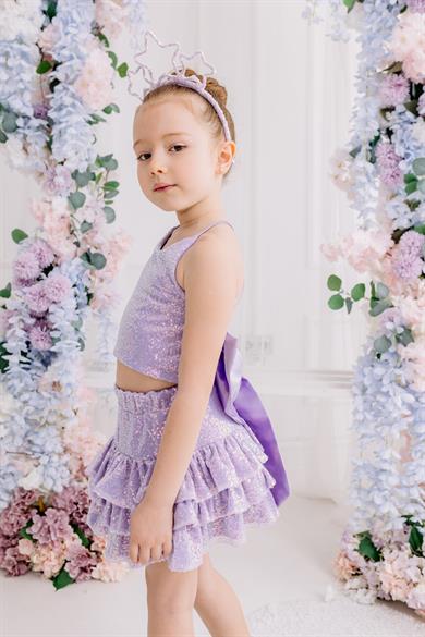 LILAC RIBBON CROP AND FRILL MINI SKIRT