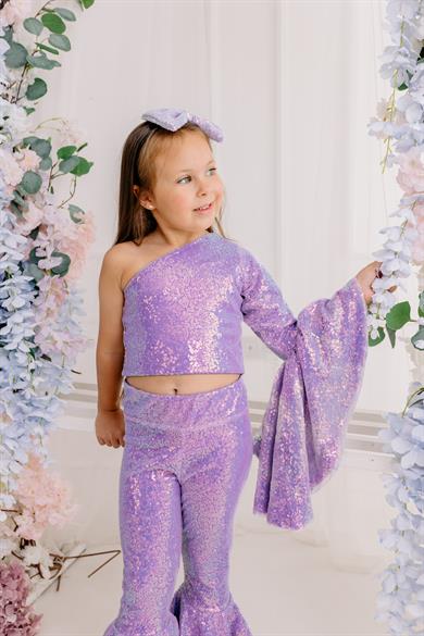 LILAC ONE SHOULDER CROP AND FRILL TROUSERS