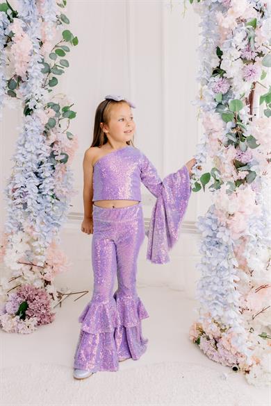 LILAC ONE SHOULDER CROP AND FRILL TROUSERS