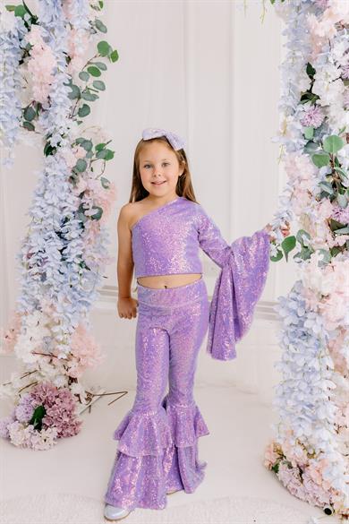 LILAC ONE SHOULDER CROP AND FRILL TROUSERS