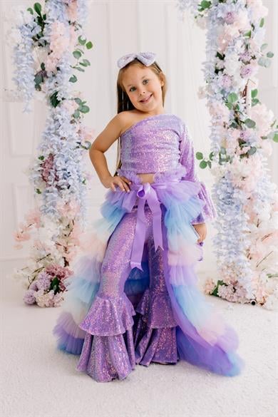 LILAC ONE SHOULDER CROP AND FRILL TROUSERS OUTFIT (TAM SET)