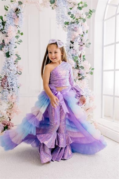 LILAC ONE SHOULDER CROP AND FRILL TROUSERS OUTFIT (TAM SET)