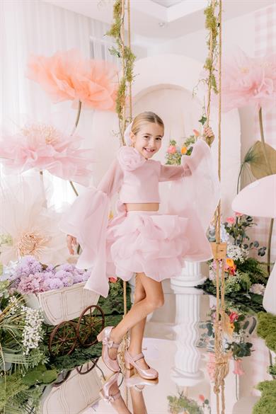 PINK HANGING SLEEVE CROP AND SKIRT