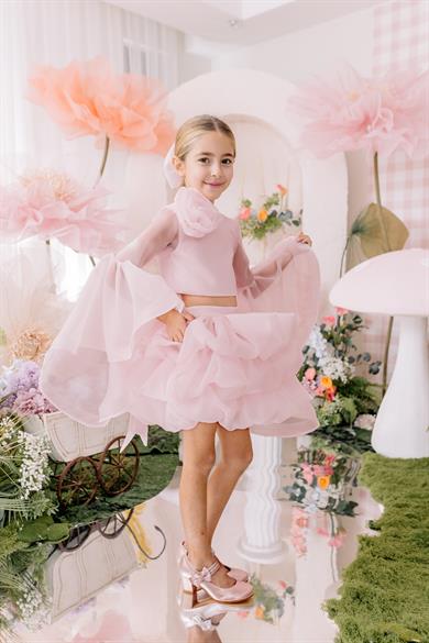 PINK HANGING SLEEVE CROP AND SKIRT
