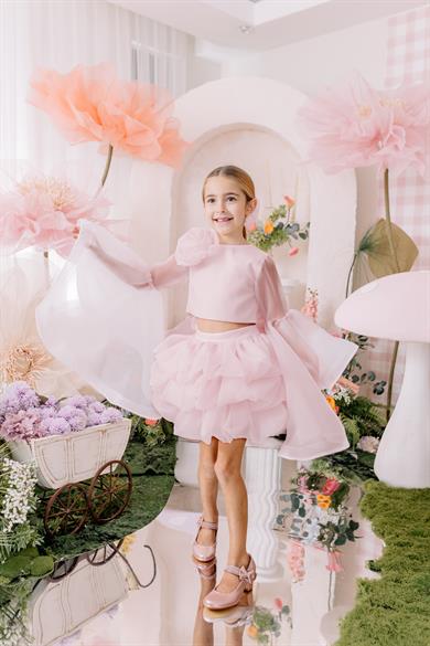 PINK HANGING SLEEVE CROP AND SKIRT