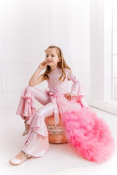 PINK ONE SHOULDER CROP AND FRILL TROUSERS  OUTFIT (TAM SET)