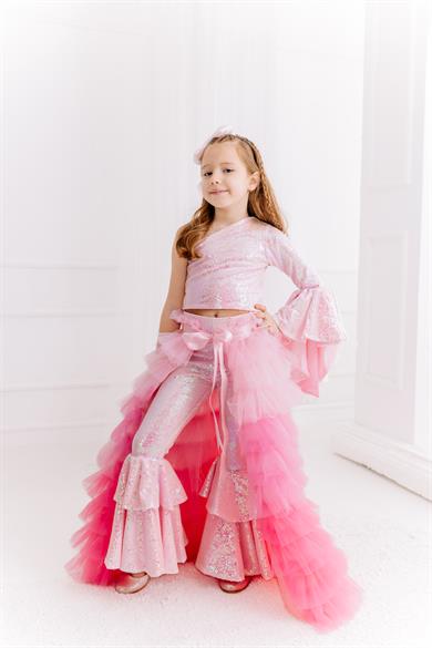 PINK ONE SHOULDER CROP AND FRILL TROUSERS  OUTFIT (TAM SET)