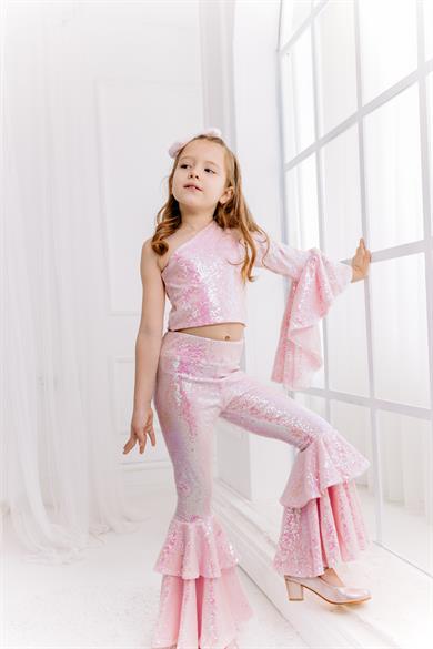 PINK ONE SHOULDER CROP& FRILL TROUSERS