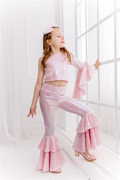 PINK ONE SHOULDER CROP& FRILL TROUSERS