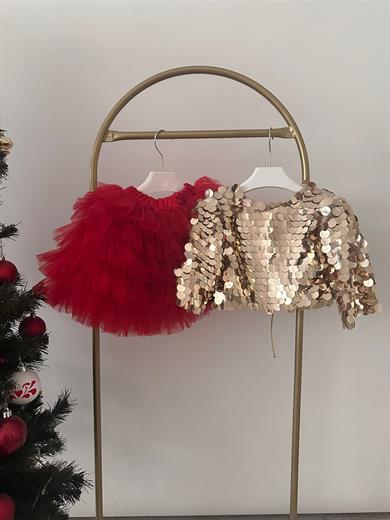 RED SKIRT&GOLD SQUAMA CROP