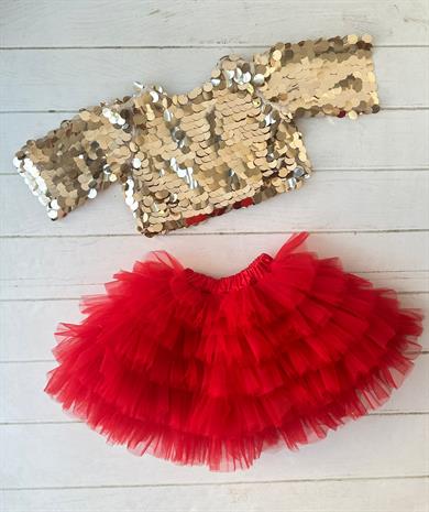 RED SKIRT&GOLD SQUAMA CROP