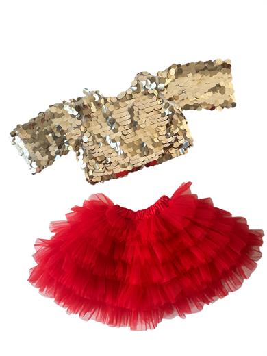 RED SKIRT&GOLD SQUAMA CROP