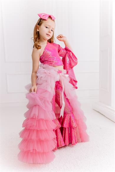 SUGAR PINK ONE SHOULDER CROP AND FRILL TROUSERS OUTFIT (TAM SET)