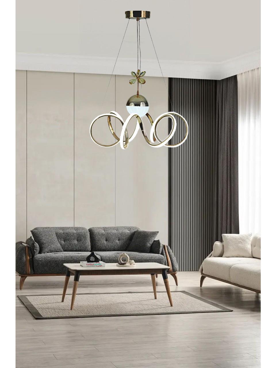 Kuğu Tek Toplu Gold Sarkıt Led Avize 3 Renk Işık KumandasızLed Avizeler